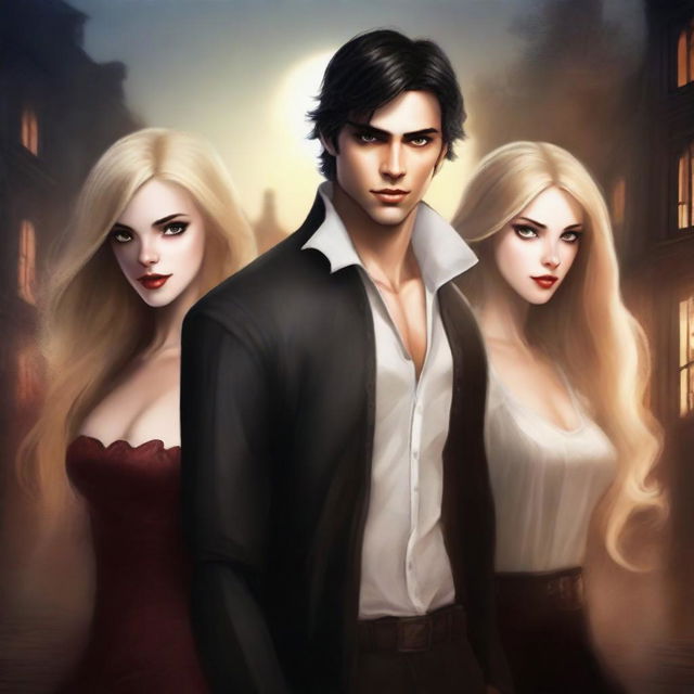 Create a realistic human animation-style book cover featuring three characters: a fair-skinned man with light brown hair, another fair-skinned man with black hair, and a honey-blonde girl