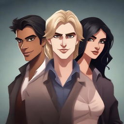 Create a realistic human animation-style book cover featuring three characters: a fair-skinned man with light brown hair, another fair-skinned man with black hair, and a honey-blonde girl