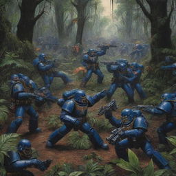 A classical serigraphy-style image demonstrating a battle between Warhammer 40k Space Marines and Star Wars Empire Soldiers in the heart of a jungle, predominantly using broad blocks of black color.