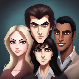 Create a realistic human animation-style book cover featuring three characters: a fair-skinned man with light brown hair, another fair-skinned man with black hair, and a honey-blonde girl