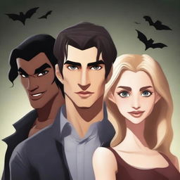 Create a realistic human animation-style book cover featuring three characters: a fair-skinned man with light brown hair, another fair-skinned man with black hair, and a honey-blonde girl