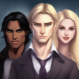 Create a realistic human animation-style book cover featuring three characters: a fair-skinned man with light brown hair, another fair-skinned man with black hair, and a honey-blonde girl