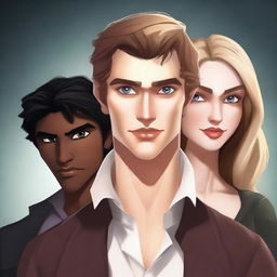 Create a realistic human animation-style book cover featuring three characters: a fair-skinned man with light brown hair, another fair-skinned man with black hair, and a honey-blonde girl