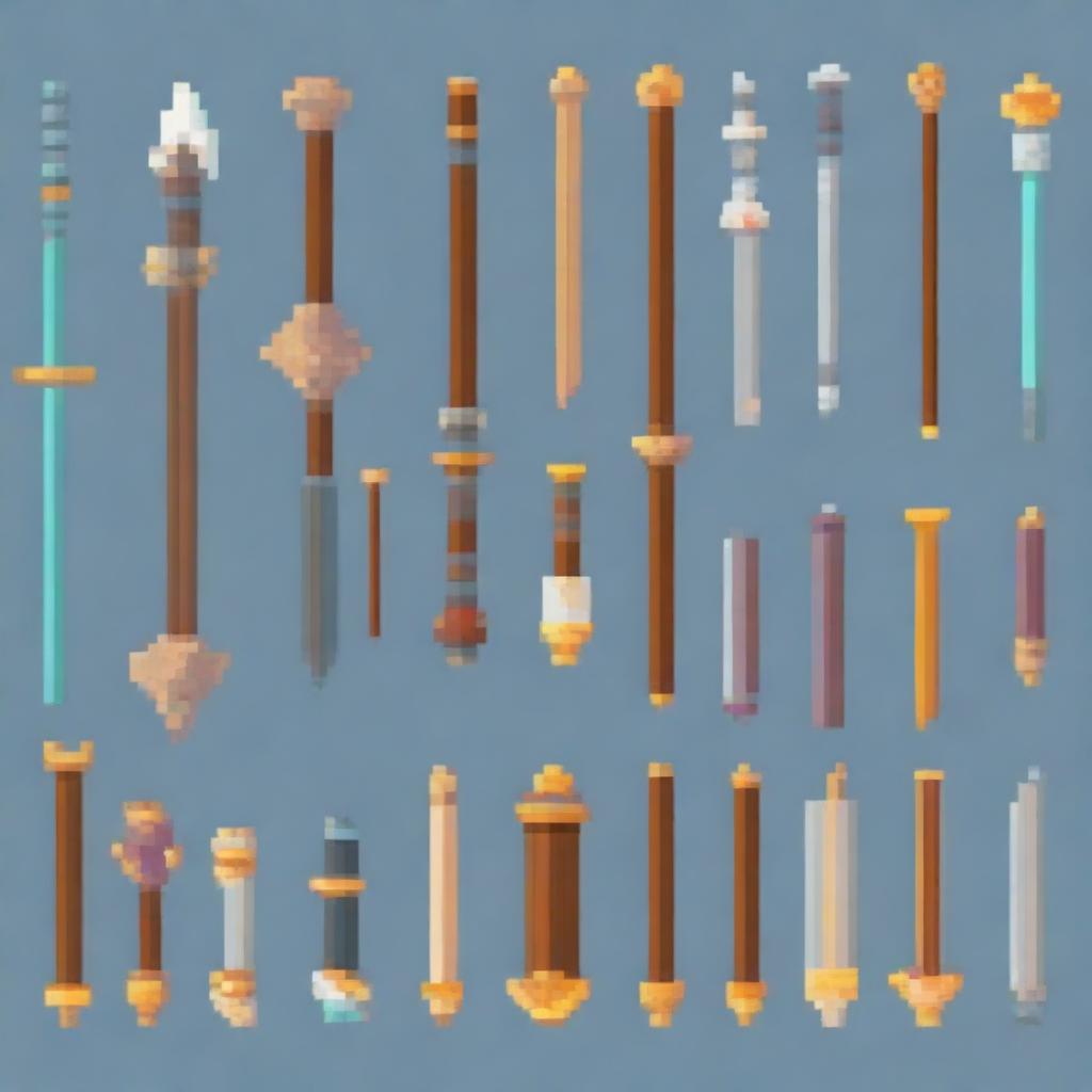 Generate a collection of fantasy-themed weapons in pixel art style