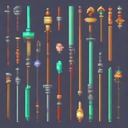 Generate a collection of fantasy-themed weapons in pixel art style