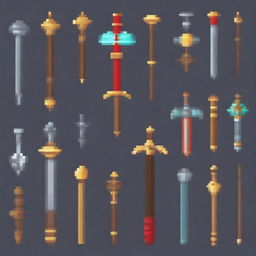 Generate a collection of fantasy-themed weapons in pixel art style