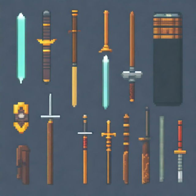 Generate a collection of fantasy-themed weapons in pixel art style