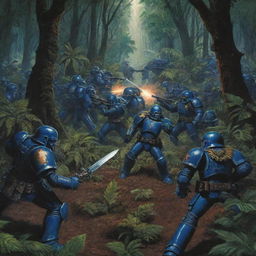 A classical serigraphy-style image demonstrating a battle between Warhammer 40k Space Marines and Star Wars Empire Soldiers in the heart of a jungle, predominantly using broad blocks of black color.