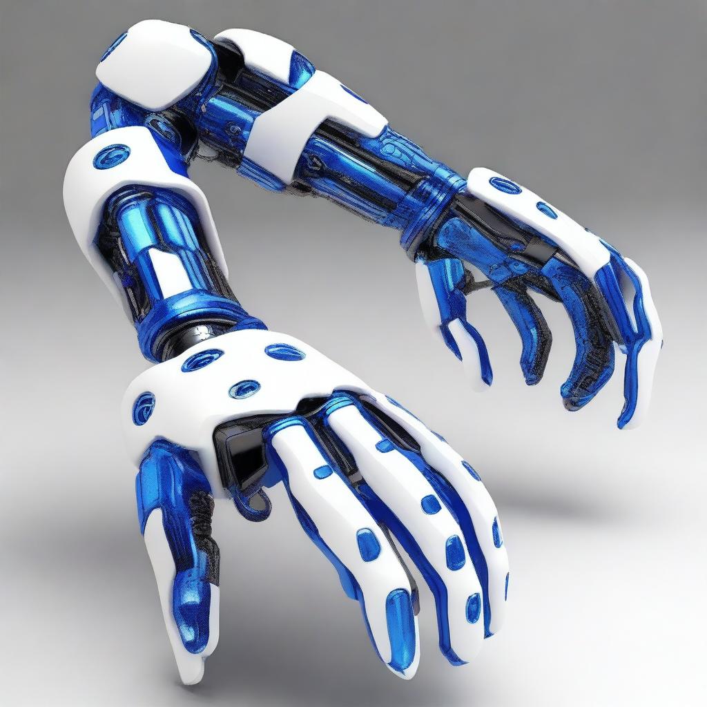 Generate a pair of robotic gloves in blue and white colors