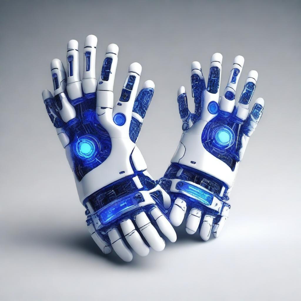 Generate a pair of robotic gloves in blue and white colors