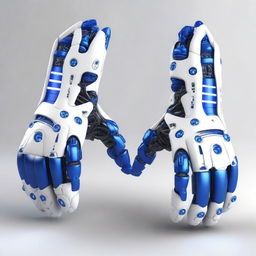 Generate a pair of robotic gloves in blue and white colors