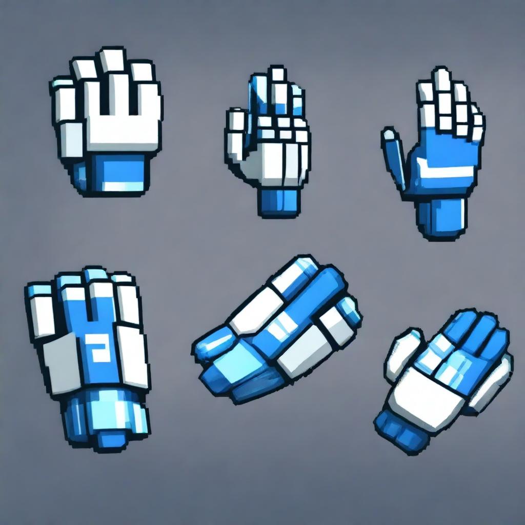 Generate a pair of robotic gloves in blue and white colors in pixel art style