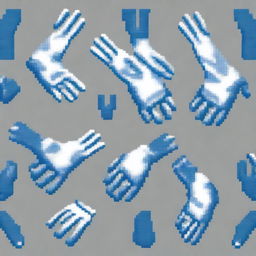 Generate a pair of robotic gloves in blue and white colors in pixel art style