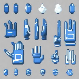 Generate a pair of robotic gloves in blue and white colors in pixel art style