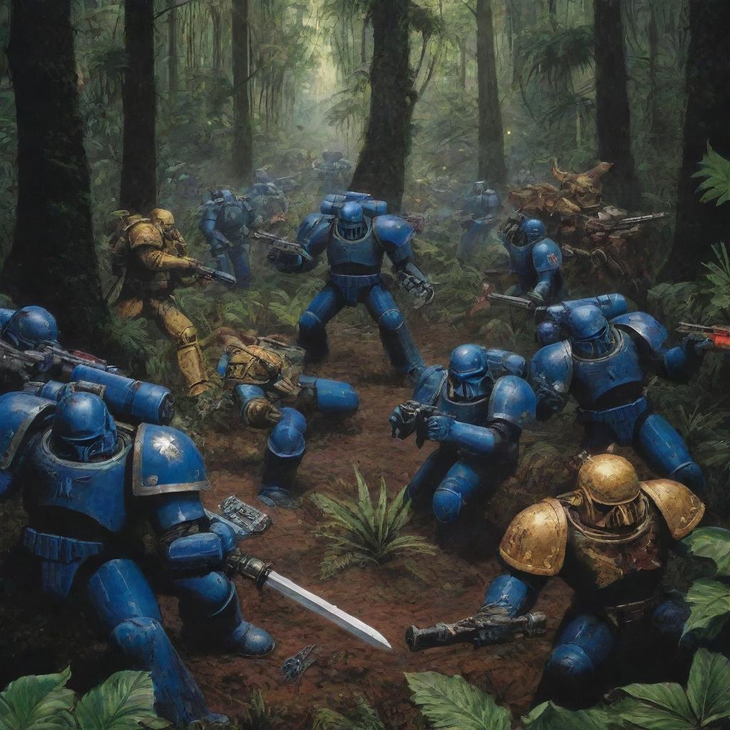 A classical serigraphy-style image demonstrating a battle between Warhammer 40k Space Marines and Star Wars Empire Soldiers in the heart of a jungle, predominantly using broad blocks of black color.