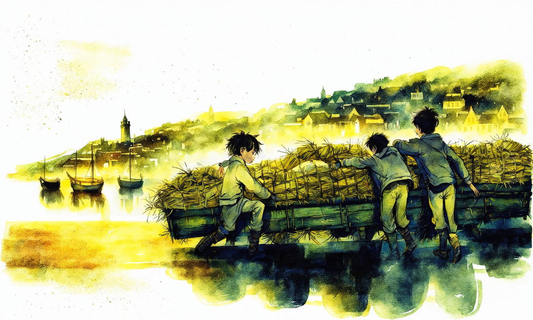 A watercolour storyboard's ninth act featuring Jake and Liam, orphans and best friends, escaping by hiding amongst the hay in the back of a wagon pulled by a donkey, hitching a ride down to the harbour-side village.