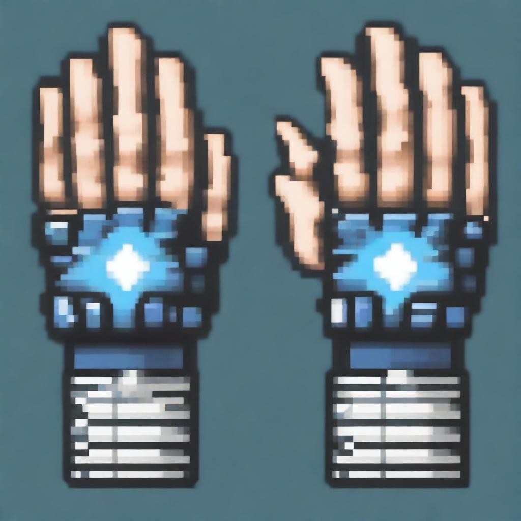 Generate a pair of combat gloves for a fantasy video game in pixel art style, featuring blue and white colors