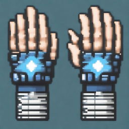 Generate a pair of combat gloves for a fantasy video game in pixel art style, featuring blue and white colors