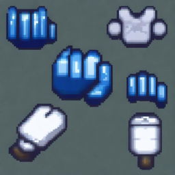 Generate a pair of combat gloves for a fantasy video game in pixel art style, featuring blue and white colors