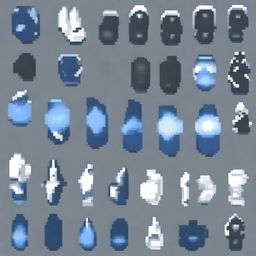 Generate a pair of combat gloves for a fantasy video game in pixel art style, featuring blue and white colors