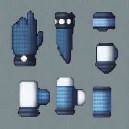 Generate a pair of combat gloves for a fantasy video game in pixel art style, featuring blue and white colors