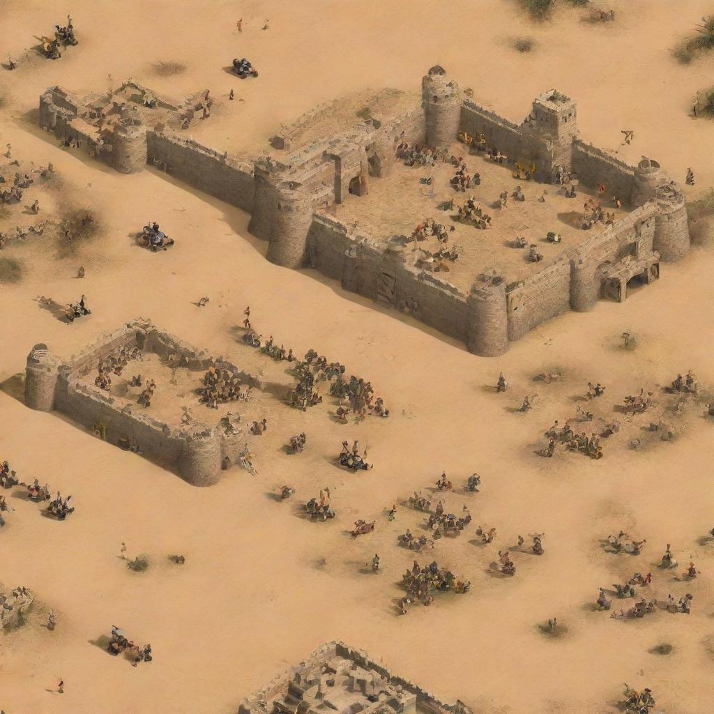 A close-up video game snapshot of Age of Empires 2 featuring four castles and a battle between Templars and Persians in the desert at midnight.