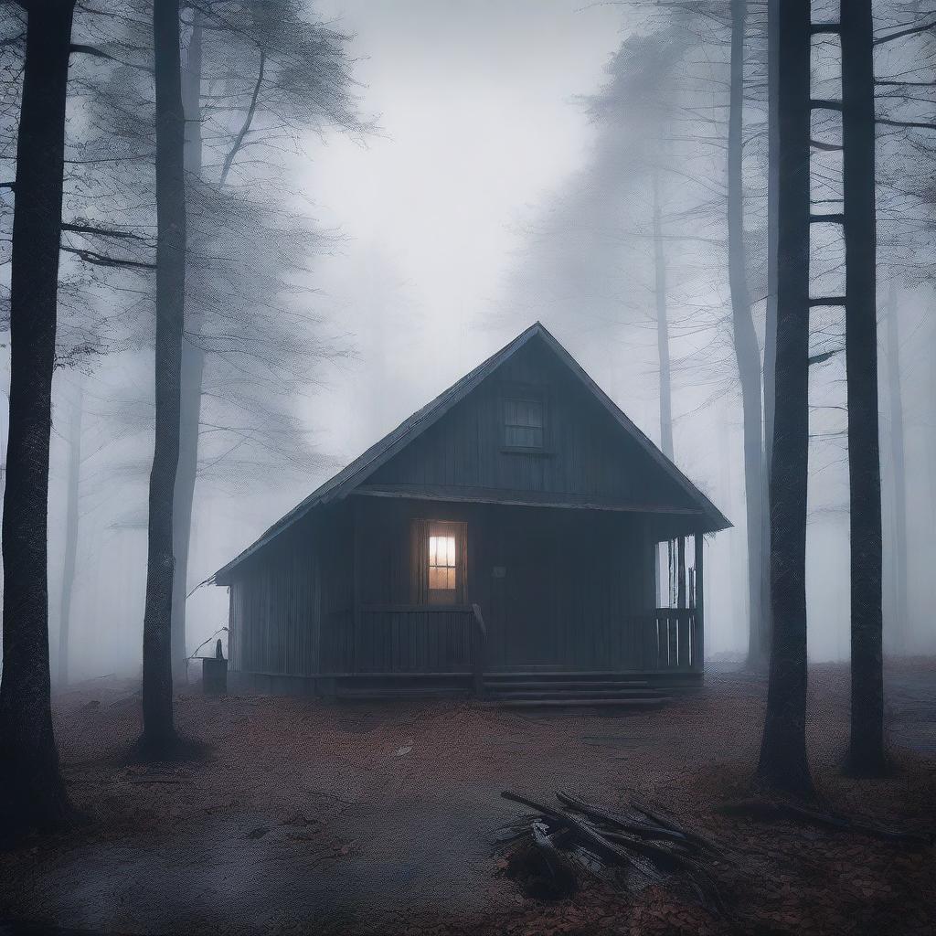 Create a horror movie poster featuring a creepy cabin in the woods surrounded by thick, eerie fog