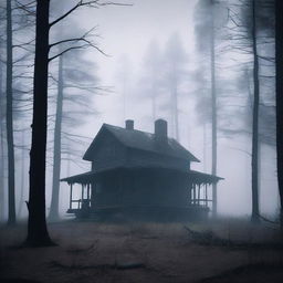 Create a horror movie poster featuring a creepy cabin in the woods surrounded by thick, eerie fog