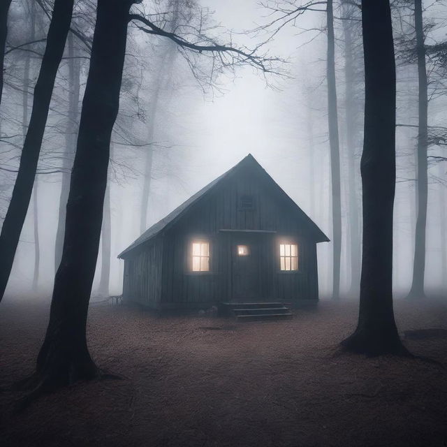 Create a horror movie poster featuring a creepy cabin in the woods surrounded by thick, eerie fog