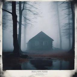 Create a horror movie poster featuring a creepy cabin in the woods surrounded by thick, eerie fog