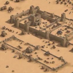 A close-up video game snapshot of Age of Empires 2 featuring four castles and a battle between Templars and Persians in the desert at midnight.