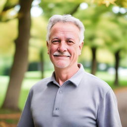 A 59-year-old Belgian man with a friendly expression, wearing casual clothing