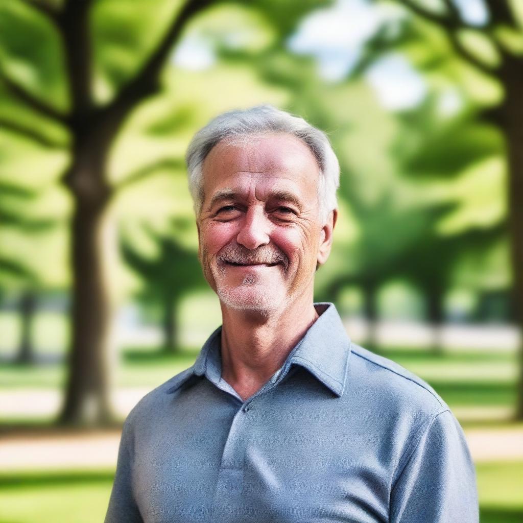 A 59-year-old Belgian man with a friendly expression, wearing casual clothing