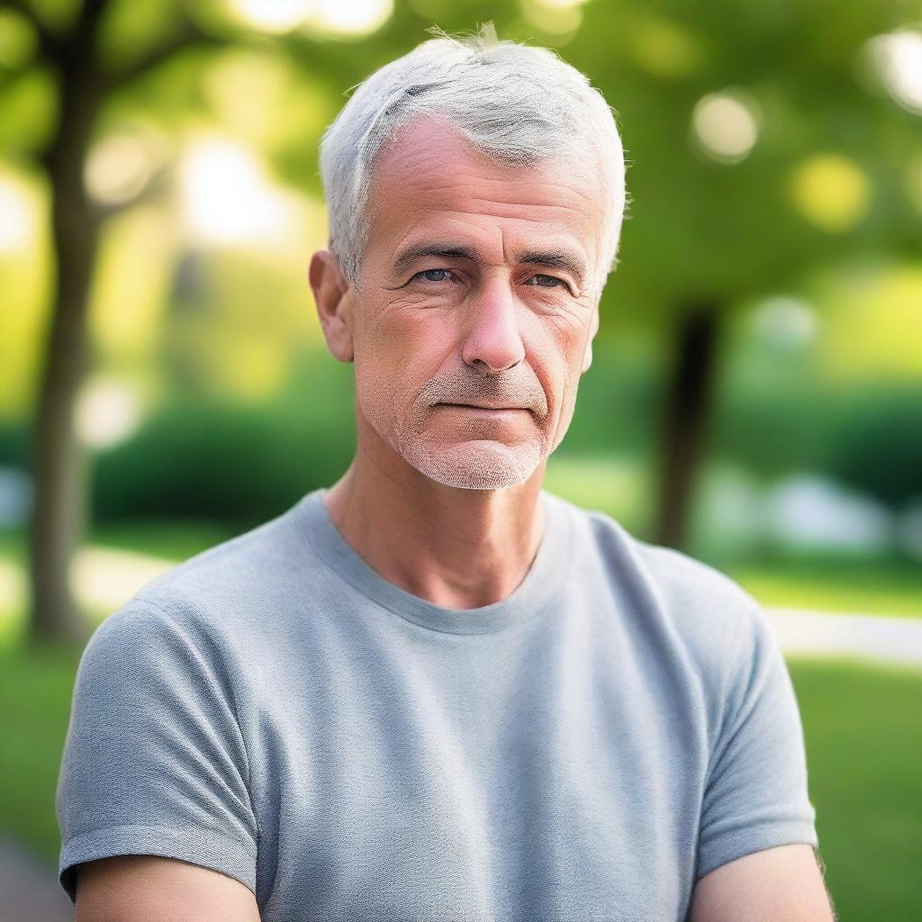 A 54-year-old Belgian man with a slim build, wearing casual clothing