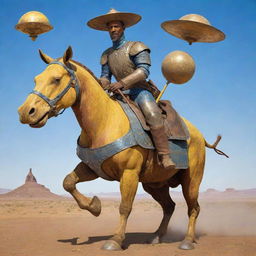 An African American Don Quixote, a Miguel de Cervantes' character, with Soviet elements added, and a UFO hovering above him. He's riding Rocinante, represented as a hippopotamus. His blue and yellow armor is antiquated and rusty, all set in a desert tableland.