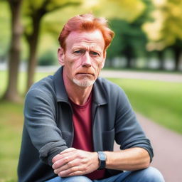 A 54-year-old Belgian man with a slim build and red hair, wearing casual clothing