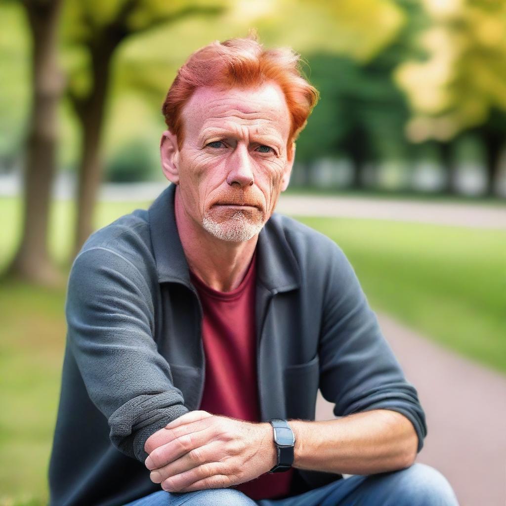 A 54-year-old Belgian man with a slim build and red hair, wearing casual clothing