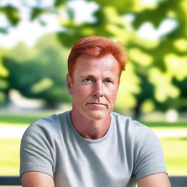 A 54-year-old Belgian man with a slim build and red hair, wearing casual clothing