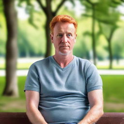 A 54-year-old Belgian man with a slim build and red hair, wearing casual clothing