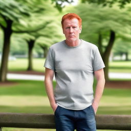 A 54-year-old Belgian man with a slim build and red hair, wearing casual clothing