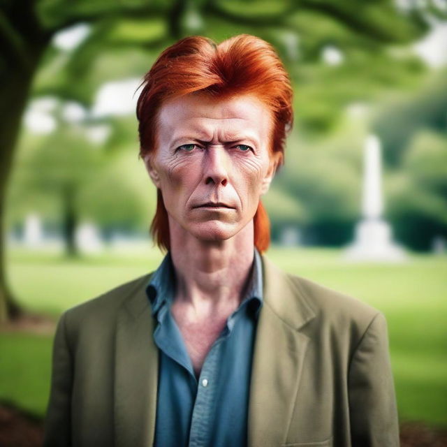 A 54-year-old Belgian man with a slim build and red hair, resembling David Bowie