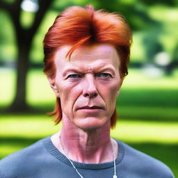 A 54-year-old Belgian man with a slim build and red hair, resembling David Bowie