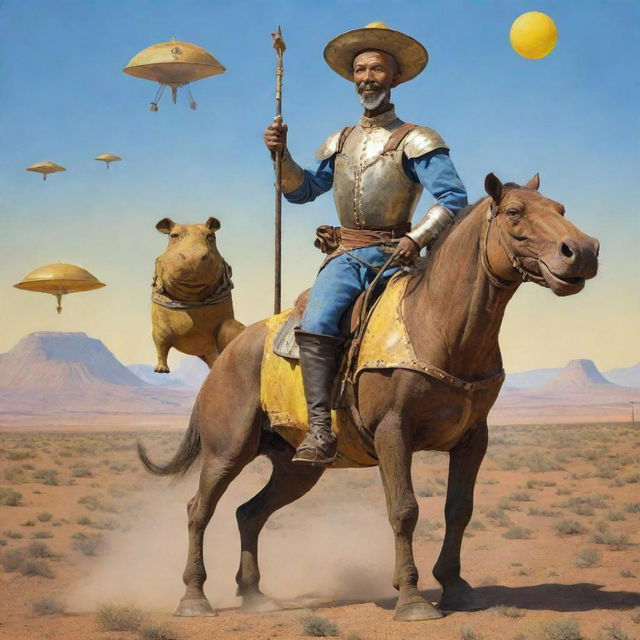 An African American Don Quixote, a Miguel de Cervantes' character, with Soviet elements added, and a UFO hovering above him. He's riding Rocinante, represented as a hippopotamus. His blue and yellow armor is antiquated and rusty, all set in a desert tableland.