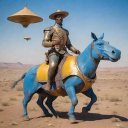 An African American Don Quixote, a Miguel de Cervantes' character, with Soviet elements added, and a UFO hovering above him. He's riding Rocinante, represented as a hippopotamus. His blue and yellow armor is antiquated and rusty, all set in a desert tableland.