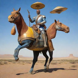 An African American Don Quixote, a Miguel de Cervantes' character, with Soviet elements added, and a UFO hovering above him. He's riding Rocinante, represented as a hippopotamus. His blue and yellow armor is antiquated and rusty, all set in a desert tableland.