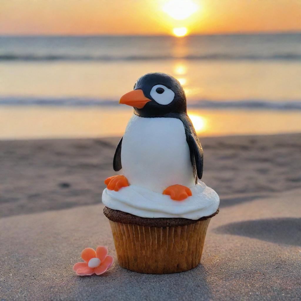 A Marinela Penguin cupcake placed elegantly on a beach with the sunset in the background.