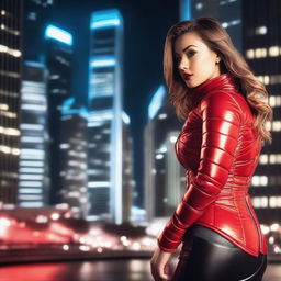 A beautiful woman wearing a tight red shiny puffer corset, posing seductively in a bustling city setting