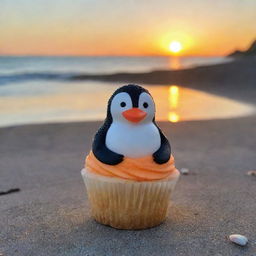 A Marinela Penguin cupcake placed elegantly on a beach with the sunset in the background.