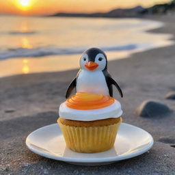 A Marinela Penguin cupcake placed elegantly on a beach with the sunset in the background.