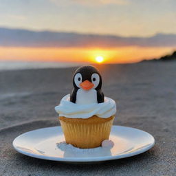 A Marinela Penguin cupcake placed elegantly on a beach with the sunset in the background.